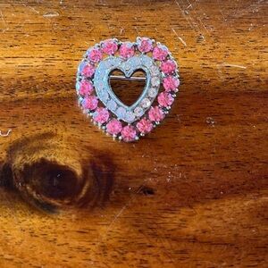 Heart Shaped Pink and Silver Rhinestone Brooch